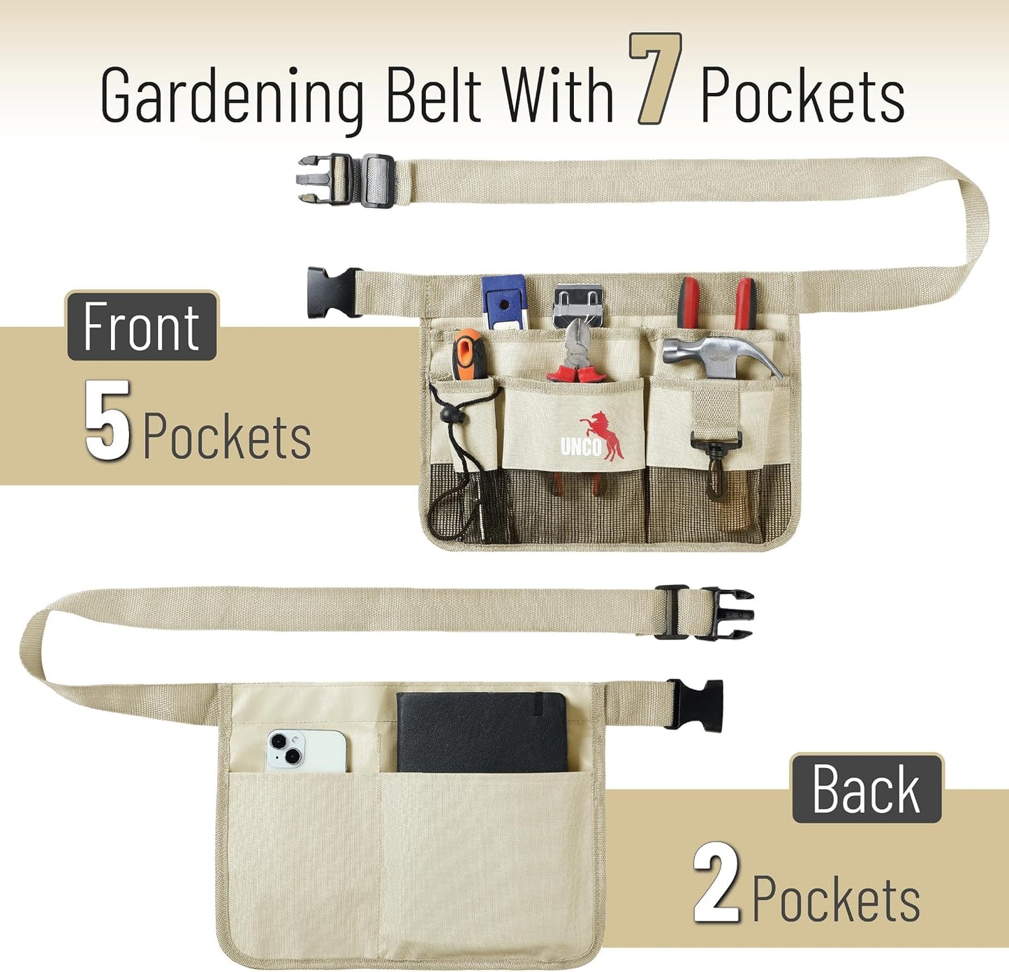 Adjustable Gardening Belt, Green, 7 Pockets, Wear, Cut and Water Resistant, Garden Tool Belt Pouch, Waist Apron with Pockets