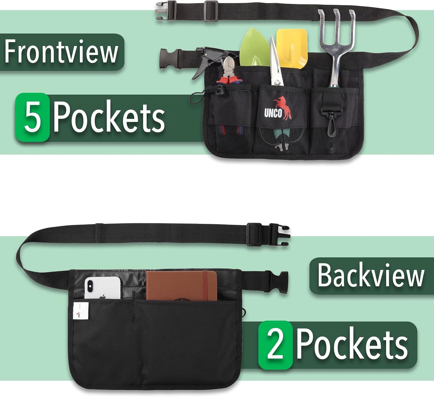 Adjustable Gardening Belt, Green, 7 Pockets, Wear, Cut and Water Resistant, Garden Tool Belt Pouch, Waist Apron with Pockets