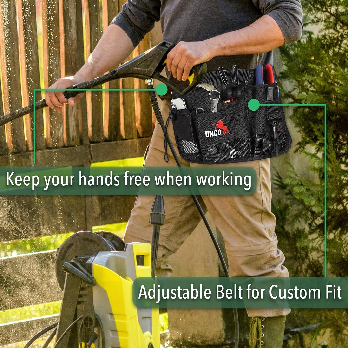 Adjustable Gardening Belt, Green, 7 Pockets, Wear, Cut and Water Resistant, Garden Tool Belt Pouch, Waist Apron with Pockets