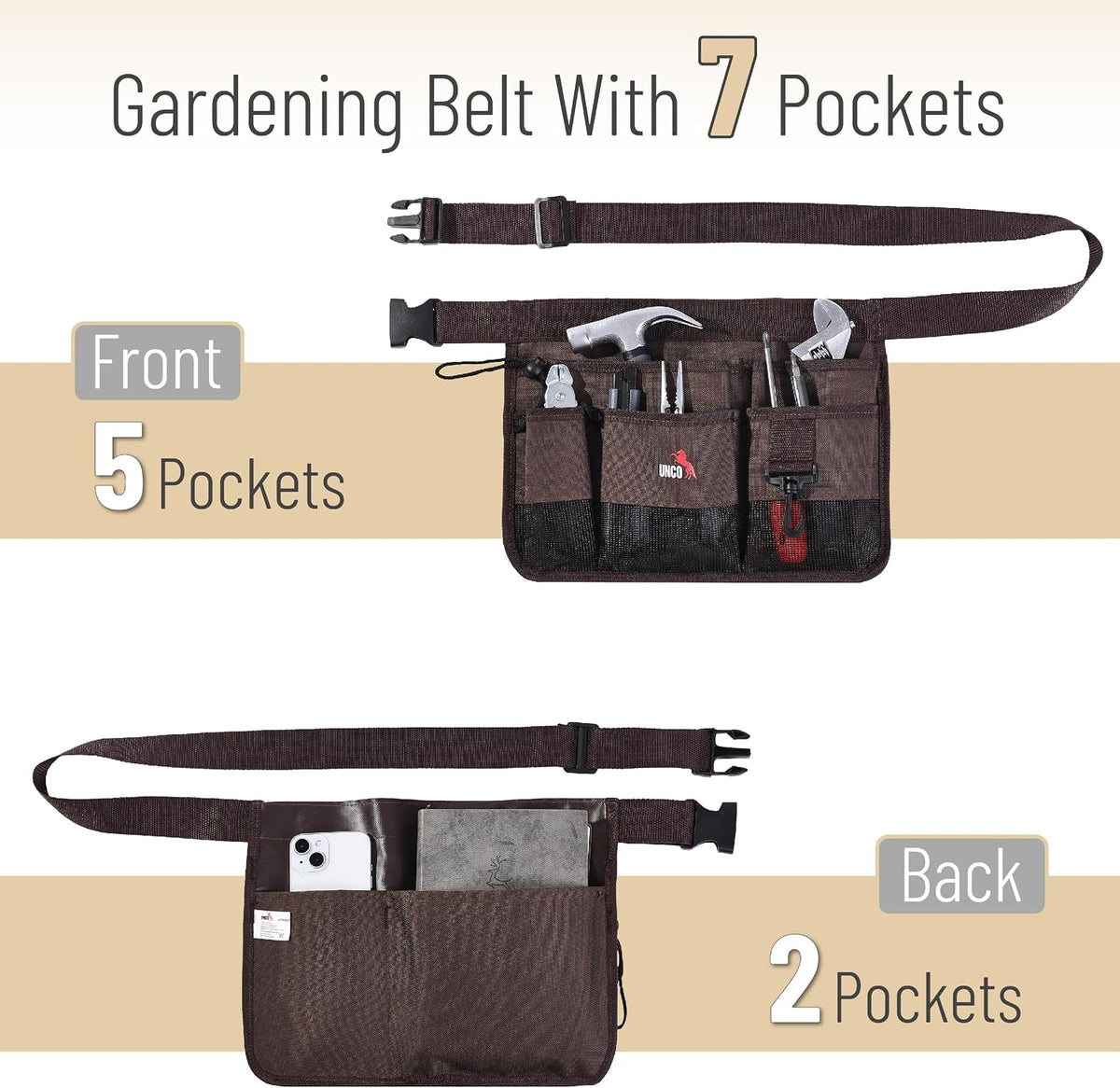 Adjustable Gardening Belt, Green, 7 Pockets, Wear, Cut and Water Resistant, Garden Tool Belt Pouch, Waist Apron with Pockets