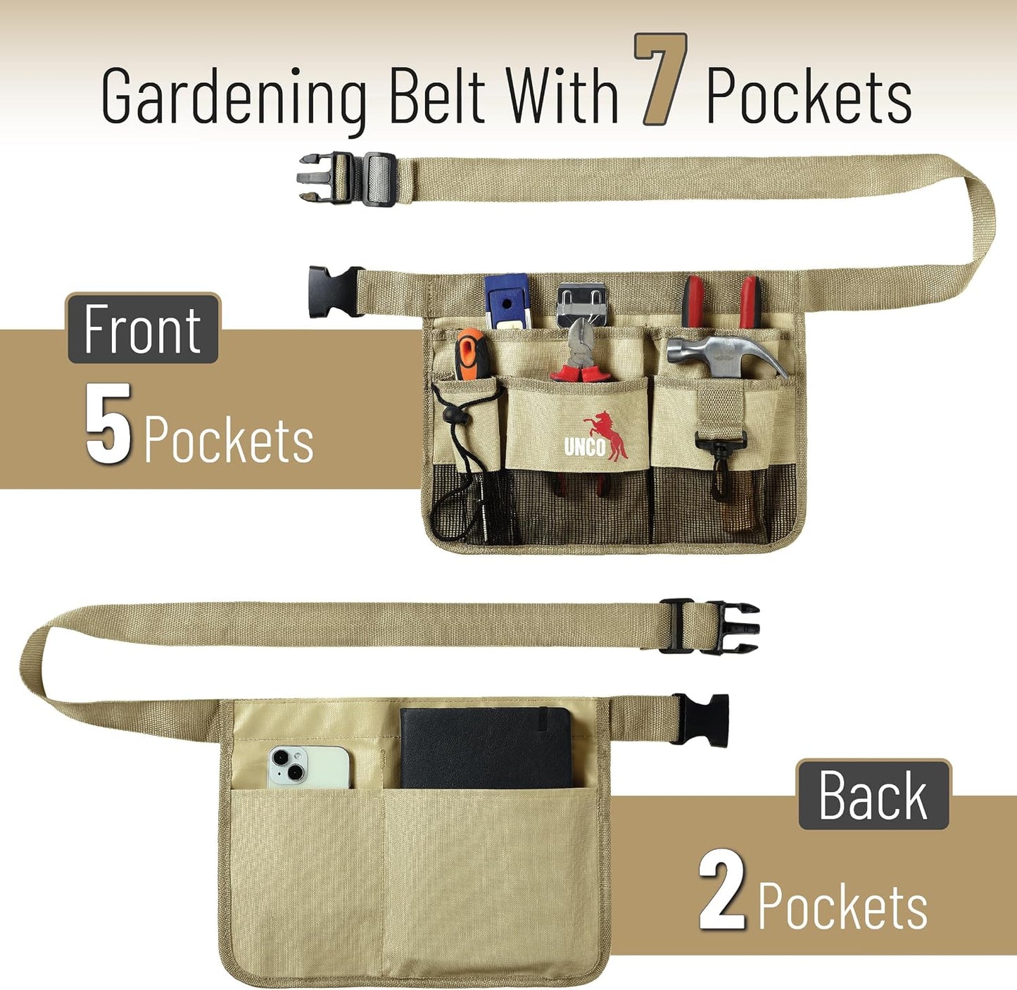 Adjustable Gardening Belt, Green, 7 Pockets, Wear, Cut and Water Resistant, Garden Tool Belt Pouch, Waist Apron with Pockets
