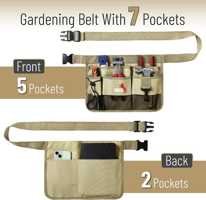 Adjustable Gardening Belt, Green, 7 Pockets, Wear, Cut and Water Resistant, Garden Tool Belt Pouch, Waist Apron with Pockets