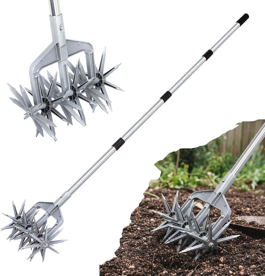 Rotary Cultivator, Hand Tiller Garden Tool with Sturdy Metal Tines