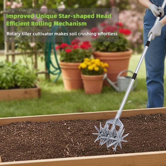 Rotary Cultivator, Hand Tiller Garden Tool with Sturdy Metal Tines