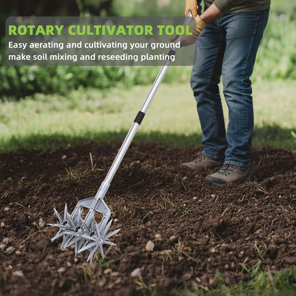 Rotary Cultivator, Hand Tiller Garden Tool with Sturdy Metal Tines