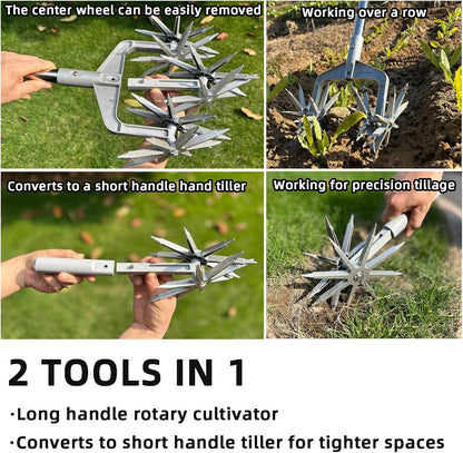 Rotary Cultivator, Hand Tiller Garden Tool with Sturdy Metal Tines