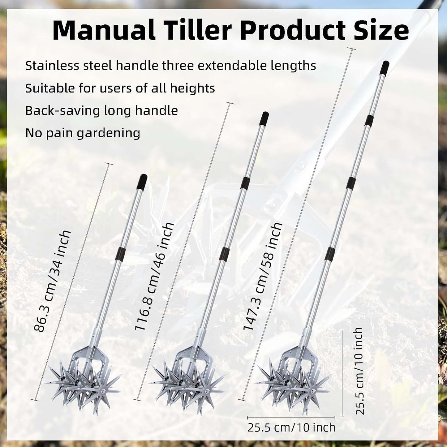 Rotary Cultivator, Hand Tiller Garden Tool with Sturdy Metal Tines