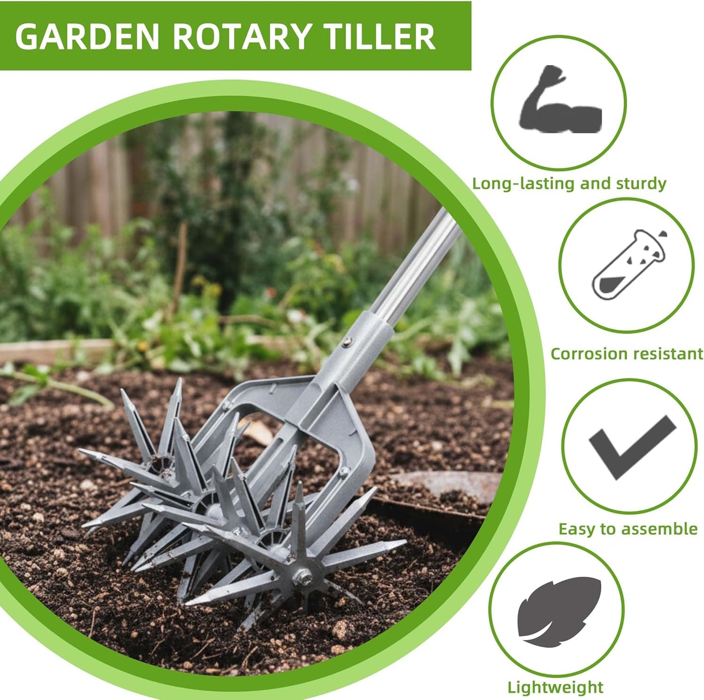 Rotary Cultivator, Hand Tiller Garden Tool with Sturdy Metal Tines