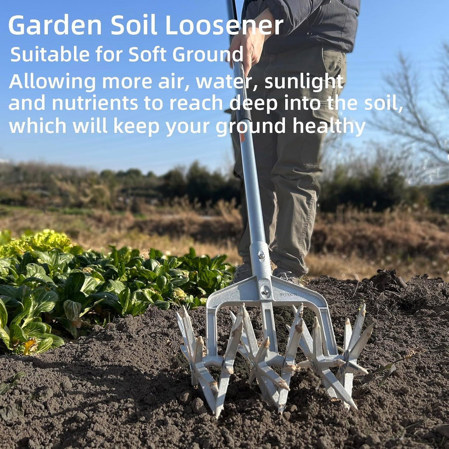 Rotary Cultivator, Hand Tiller Garden Tool with Sturdy Metal Tines