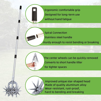 Rotary Cultivator, Hand Tiller Garden Tool with Sturdy Metal Tines