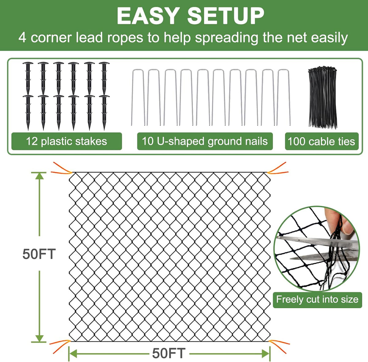 Bird Netting 50' x 50', 2.4" Square Mesh Garden Netting, Poultry Net
