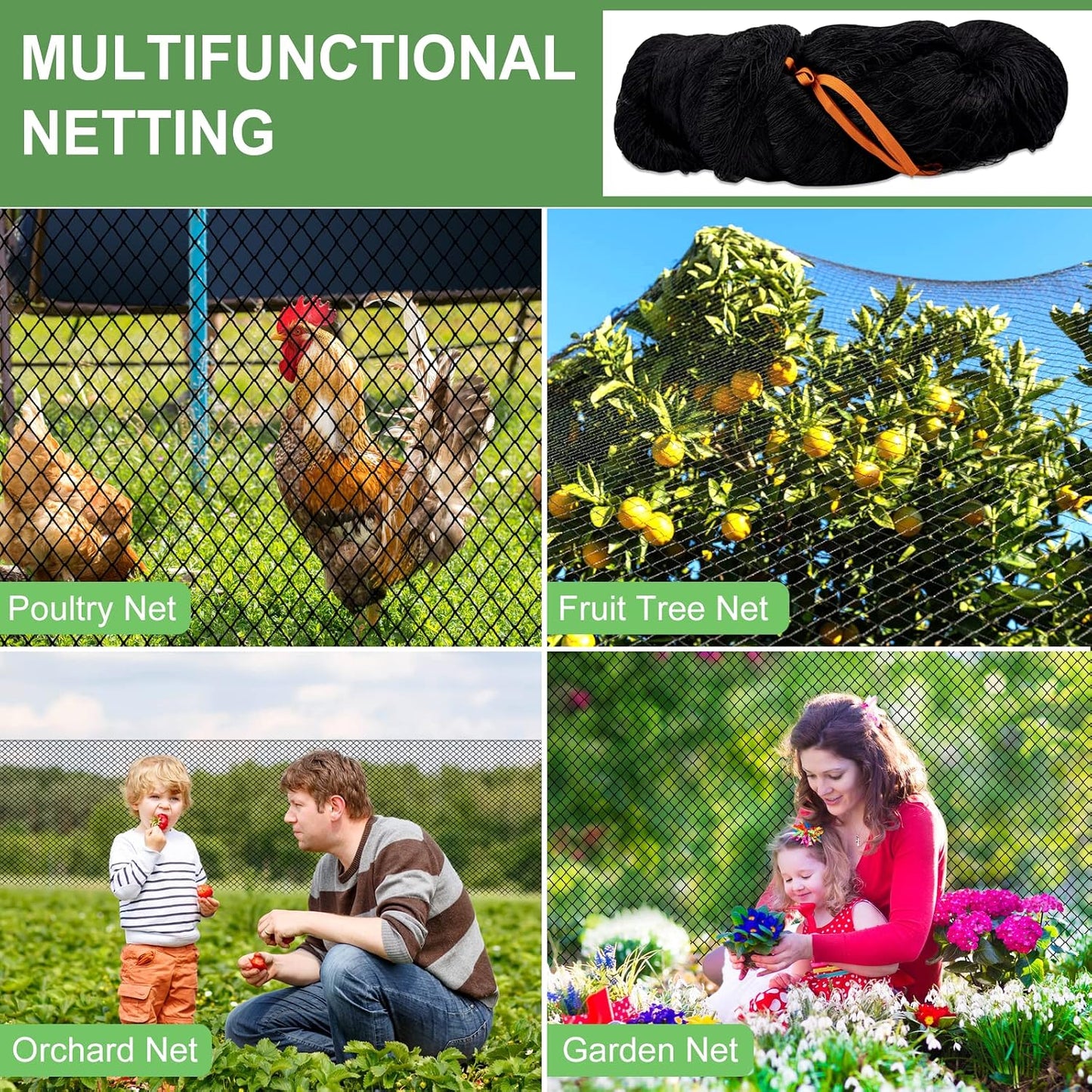 Bird Netting 50' x 50', 2.4" Square Mesh Garden Netting, Poultry Net