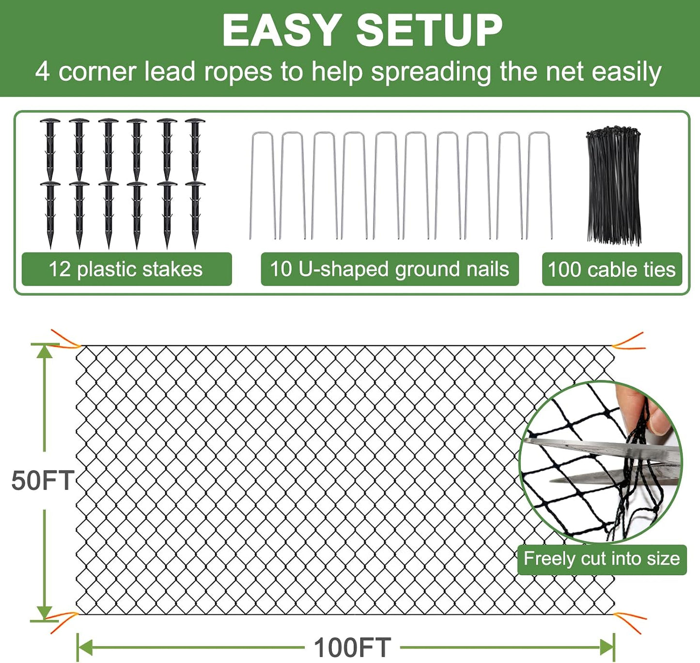 Bird Netting 50' x 50', 2.4" Square Mesh Garden Netting, Poultry Net