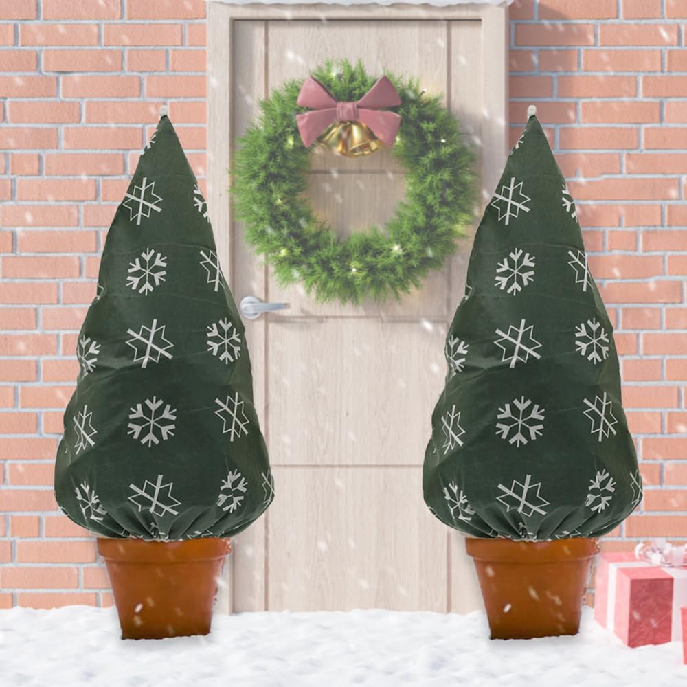 Plant Covers Freeze Protection for New Year Décor Winter Cute Potted Anti Frost Blanket Jacket with Drawstring, 43" L x 35" W (A, 2 PCS)