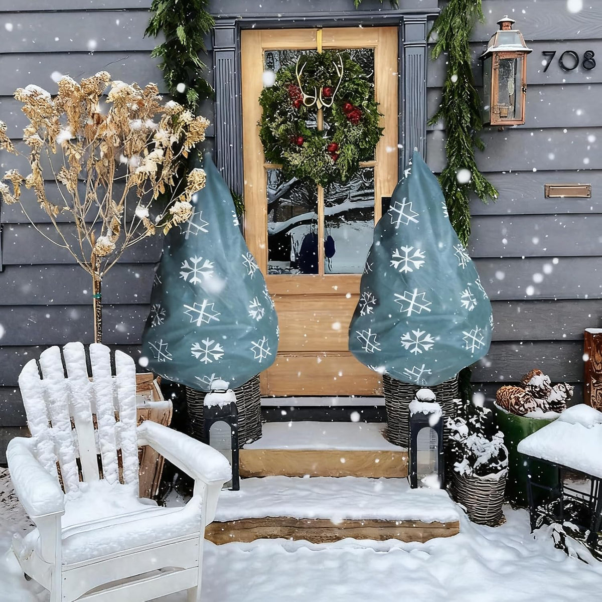 Plant Covers Freeze Protection for New Year Décor Winter Cute Potted Anti Frost Blanket Jacket with Drawstring, 43" L x 35" W (A, 2 PCS)