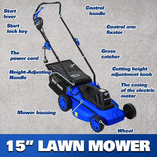 15" Corded Electric Lawn Mower, 11A Motor 3300RPM Push Mower with 35L Grass Bag, 5 Height Adjustments (1"-3"), Lightweight & Foldable Handle for Small Yards
