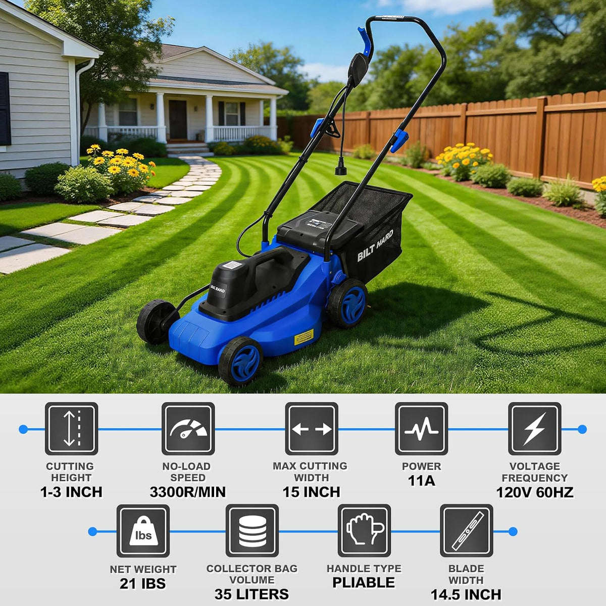 15" Corded Electric Lawn Mower, 11A Motor 3300RPM Push Mower with 35L Grass Bag, 5 Height Adjustments (1"-3"), Lightweight & Foldable Handle for Small Yards