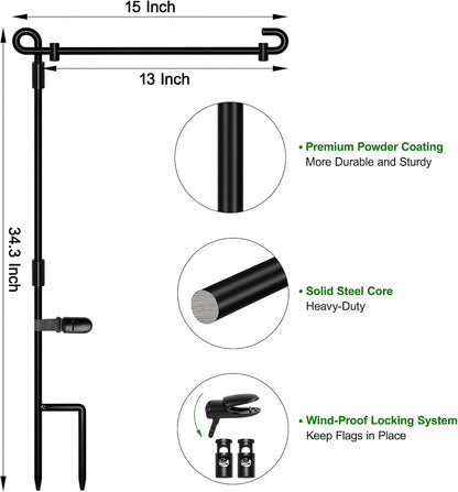 Garden Flag Stand,Premium Garden Flag Holder Pole Metal Powder-Coated Weather-Proof Paint with Graden Flag Clip and Spring Stoppers Without Flag Garden Decorations