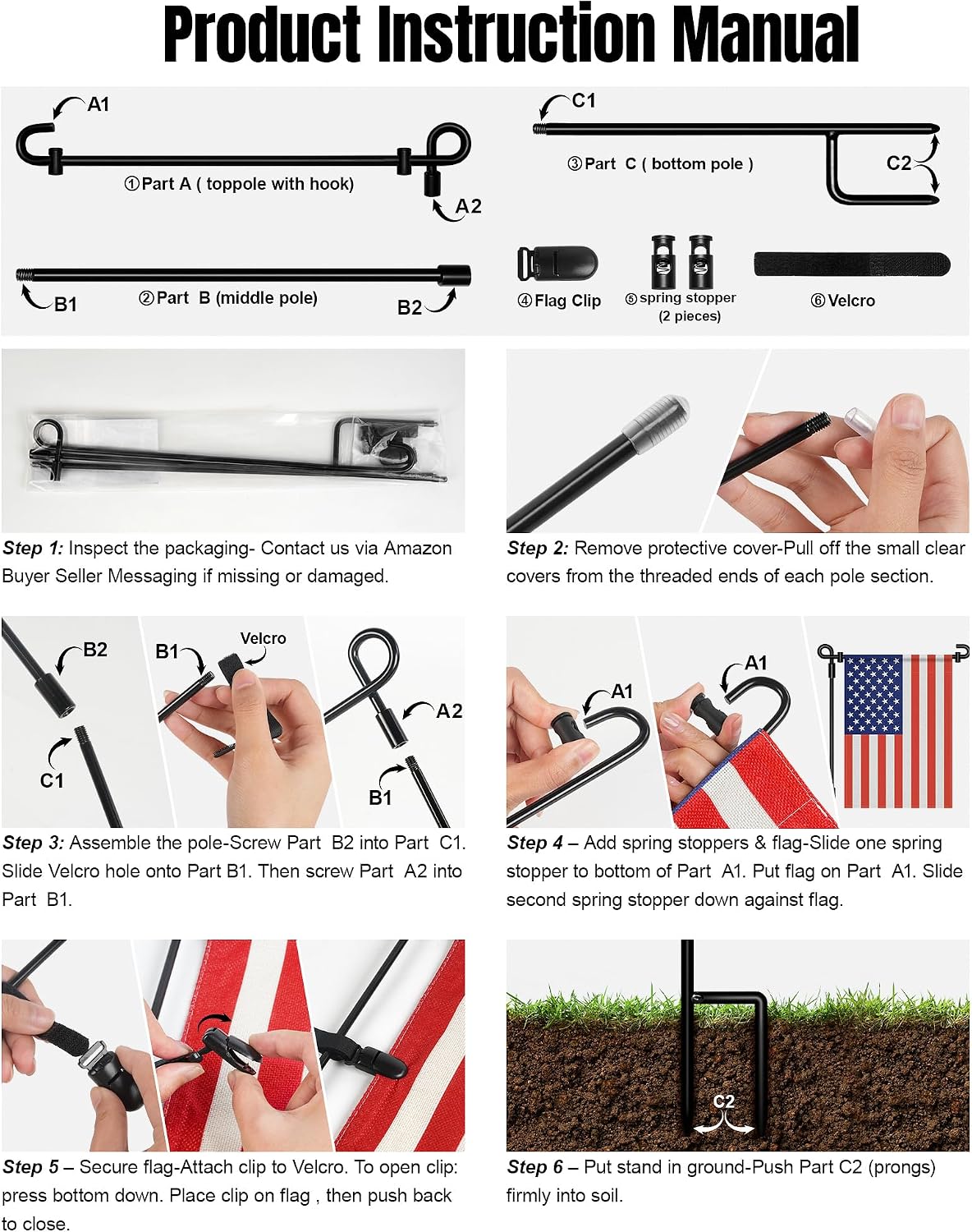 Garden Flag Stand,Premium Garden Flag Holder Pole Metal Powder-Coated Weather-Proof Paint with Graden Flag Clip and Spring Stoppers Without Flag Garden Decorations