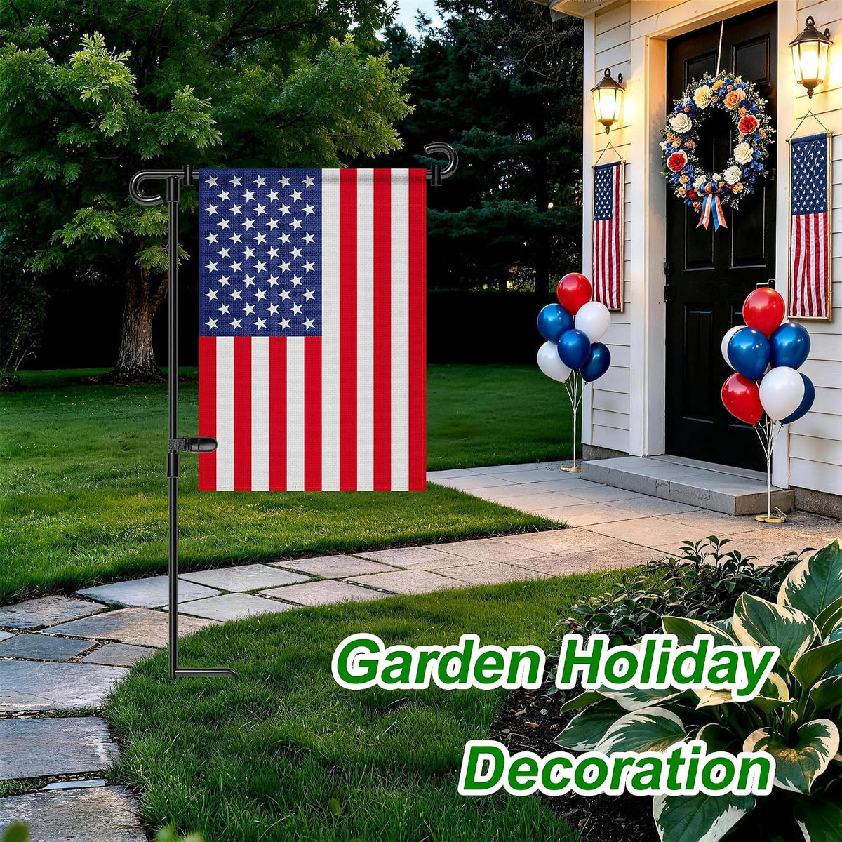 Garden Flag Stand,Premium Garden Flag Holder Pole Metal Powder-Coated Weather-Proof Paint with Graden Flag Clip and Spring Stoppers Without Flag Garden Decorations