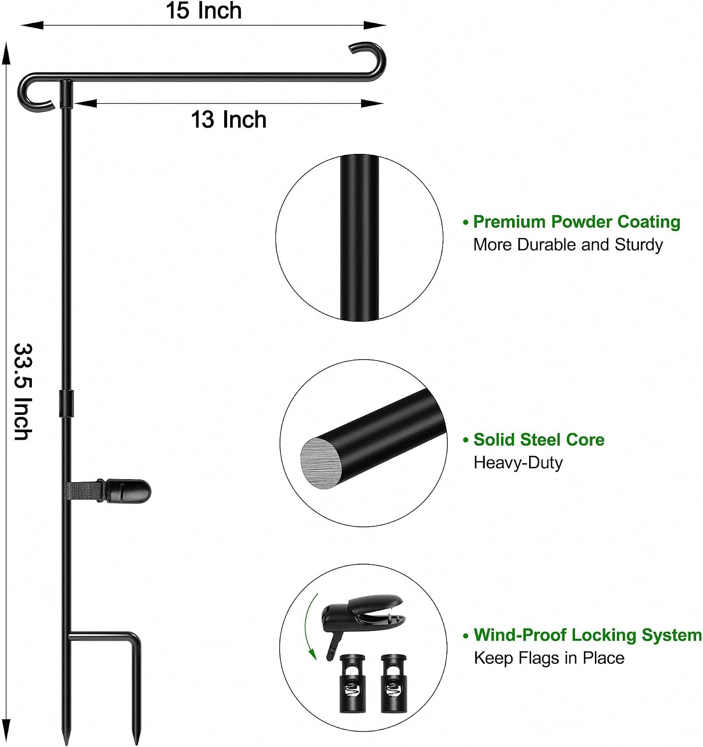 Garden Flag Stand,Premium Garden Flag Holder Pole Metal Powder-Coated Weather-Proof Paint with Graden Flag Clip and Spring Stoppers Without Flag Garden Decorations