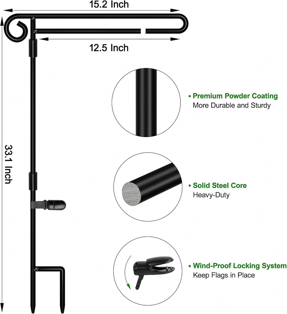 Garden Flag Stand,Premium Garden Flag Holder Pole Metal Powder-Coated Weather-Proof Paint with Graden Flag Clip and Spring Stoppers Without Flag Garden Decorations