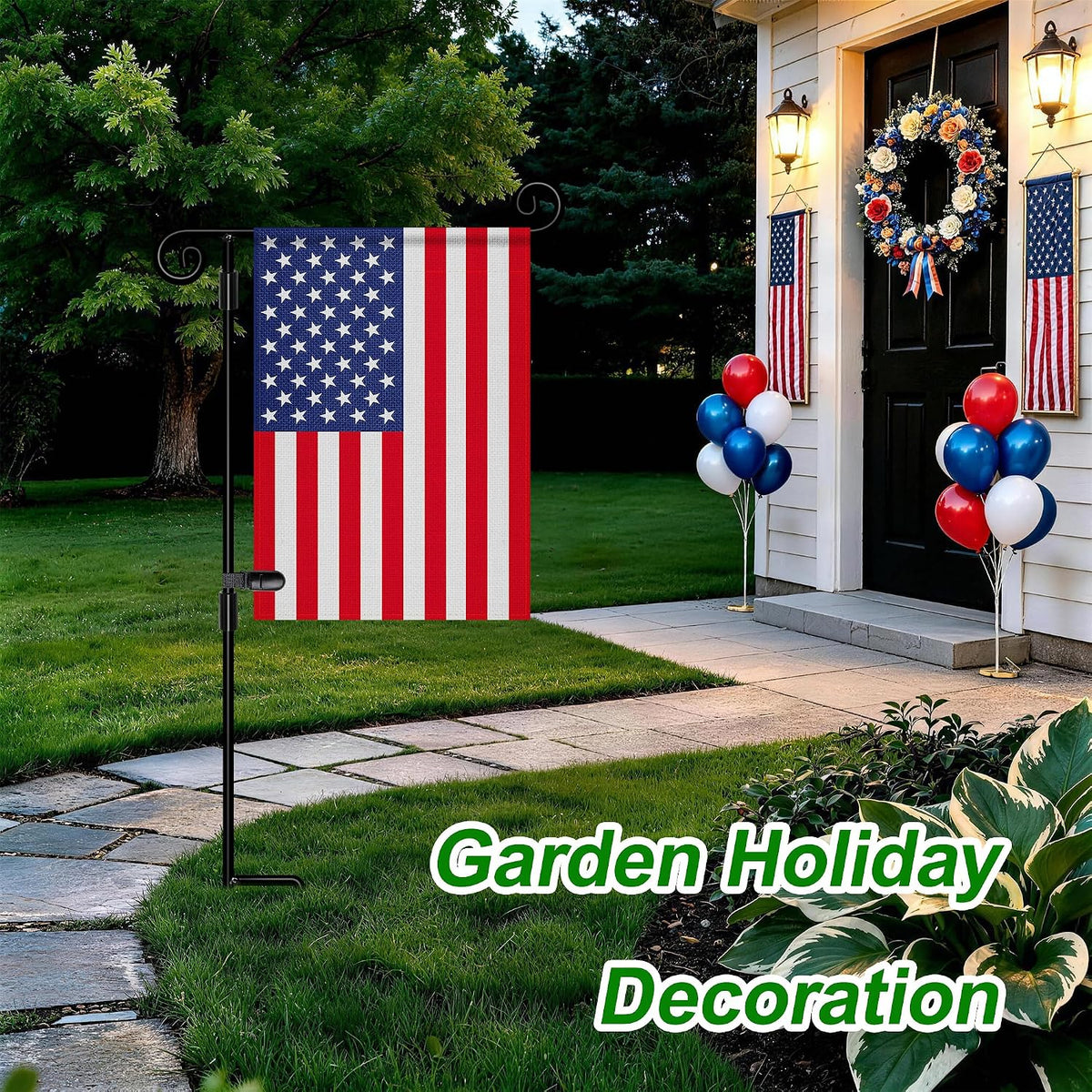 Garden Flag Stand,Premium Garden Flag Holder Pole Metal Powder-Coated Weather-Proof Paint with Graden Flag Clip and Spring Stoppers Without Flag Garden Decorations
