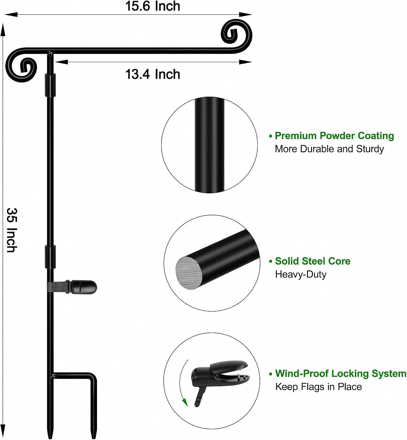 Garden Flag Stand,Premium Garden Flag Holder Pole Metal Powder-Coated Weather-Proof Paint with Graden Flag Clip and Spring Stoppers Without Flag Garden Decorations