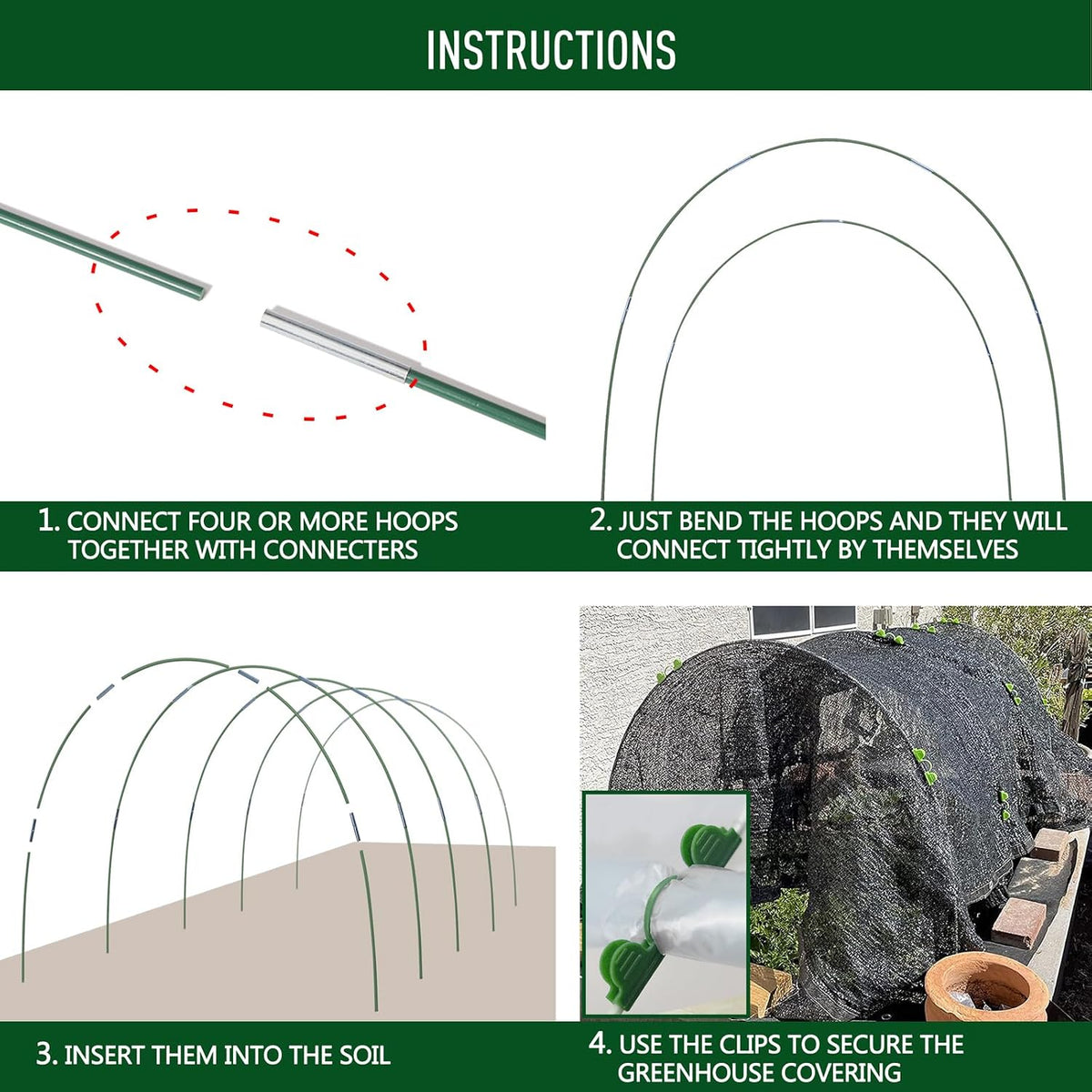 Greenhouse Hoops Kit, DIY 8ft Grow Tunnel, Fits Raised Garden Beds 2.7ft Wide & Up, 50 Pcs Rust-Proof Fiberglass Frame Support Rods for Row Cover, Shade Cloth, Frost Netting & Plant Stakes
