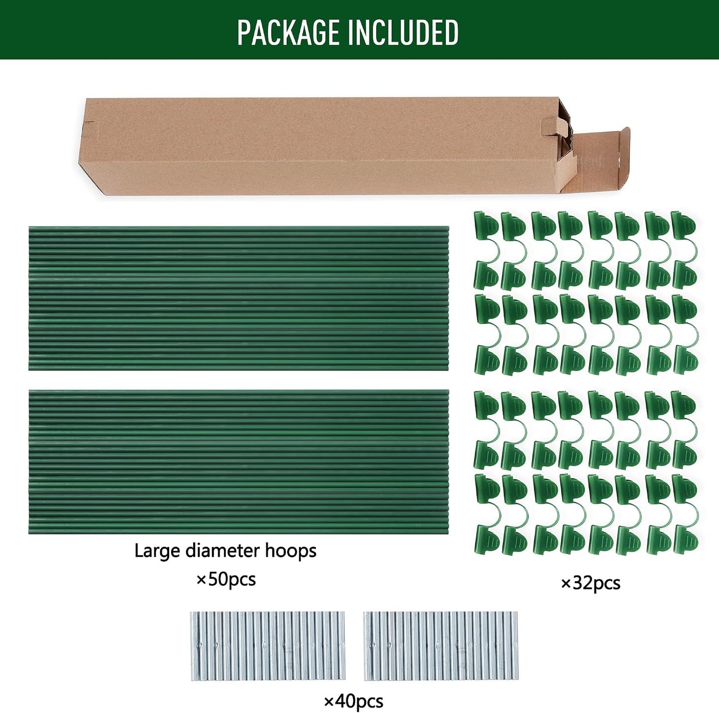 Greenhouse Hoops Kit, DIY 8ft Grow Tunnel, Fits Raised Garden Beds 2.7ft Wide & Up, 50 Pcs Rust-Proof Fiberglass Frame Support Rods for Row Cover, Shade Cloth, Frost Netting & Plant Stakes