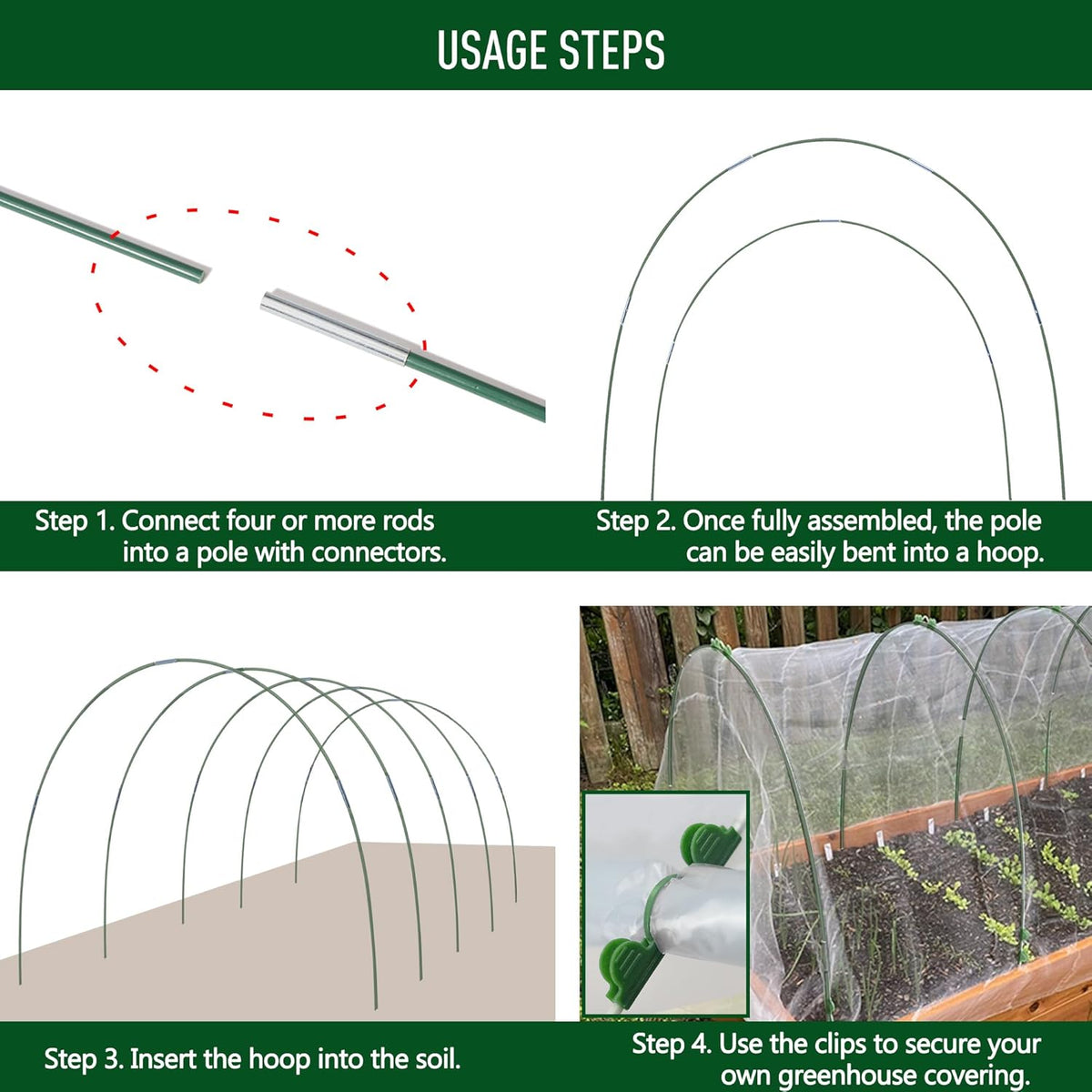 Greenhouse Hoops Kit, DIY 8ft Grow Tunnel, Fits Raised Garden Beds 2.7ft Wide & Up, 50 Pcs Rust-Proof Fiberglass Frame Support Rods for Row Cover, Shade Cloth, Frost Netting & Plant Stakes
