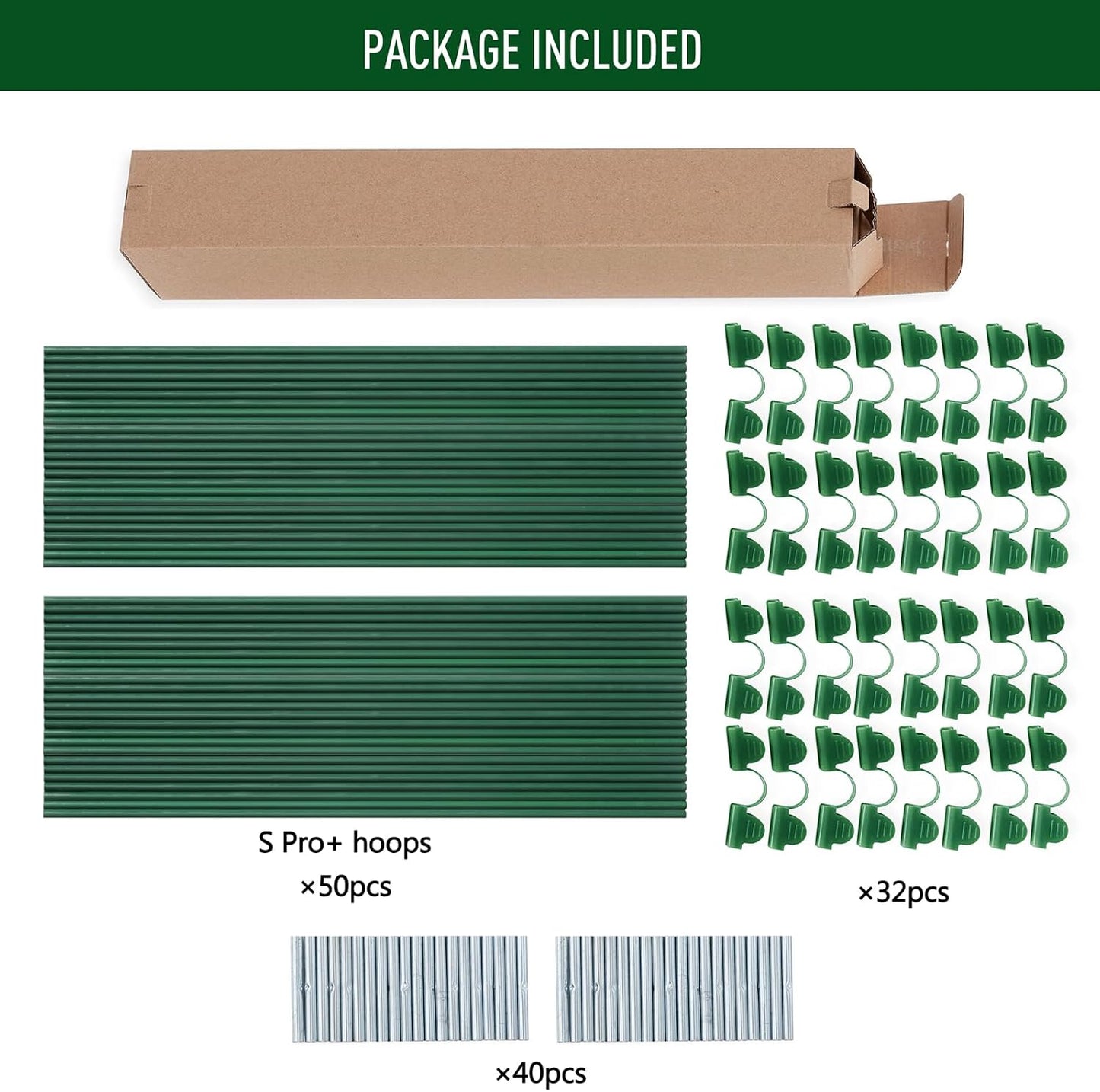 Greenhouse Hoops Kit, DIY 8ft Grow Tunnel, Fits Raised Garden Beds 2.7ft Wide & Up, 50 Pcs Rust-Proof Fiberglass Frame Support Rods for Row Cover, Shade Cloth, Frost Netting & Plant Stakes