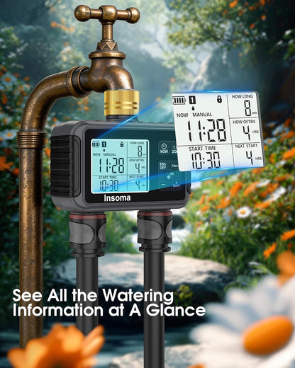 Water Timer with Brass Inlet, 2 Independent Zones Outdoor Hose Timer for Garden Faucet with Auto/Manual/Rain Delay Mode, Sprinkler Irrigation Controller for Yard Lawn