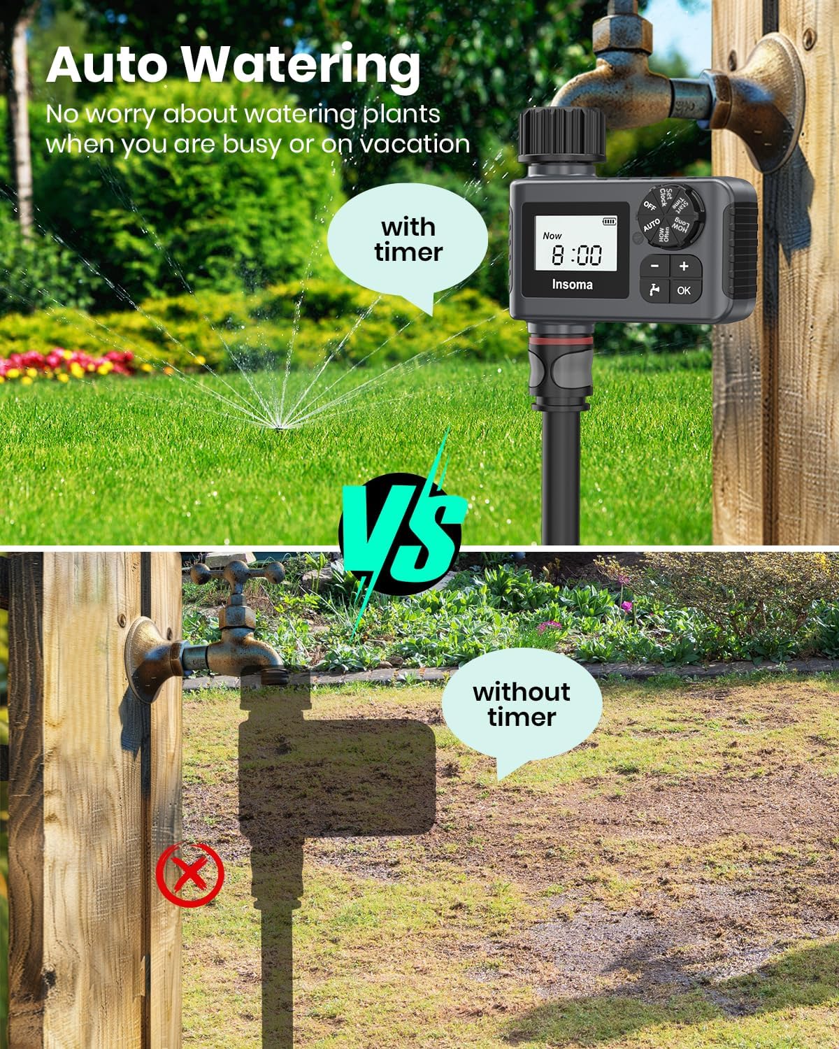 Water Timer with Brass Inlet, 2 Independent Zones Outdoor Hose Timer for Garden Faucet with Auto/Manual/Rain Delay Mode, Sprinkler Irrigation Controller for Yard Lawn