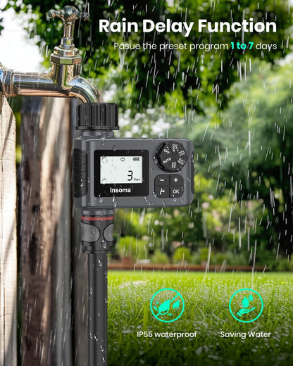 Water Timer with Brass Inlet, 2 Independent Zones Outdoor Hose Timer for Garden Faucet with Auto/Manual/Rain Delay Mode, Sprinkler Irrigation Controller for Yard Lawn