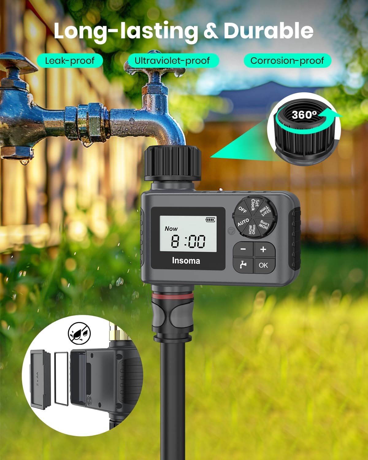 Water Timer with Brass Inlet, 2 Independent Zones Outdoor Hose Timer for Garden Faucet with Auto/Manual/Rain Delay Mode, Sprinkler Irrigation Controller for Yard Lawn