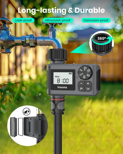 Water Timer with Brass Inlet, 2 Independent Zones Outdoor Hose Timer for Garden Faucet with Auto/Manual/Rain Delay Mode, Sprinkler Irrigation Controller for Yard Lawn