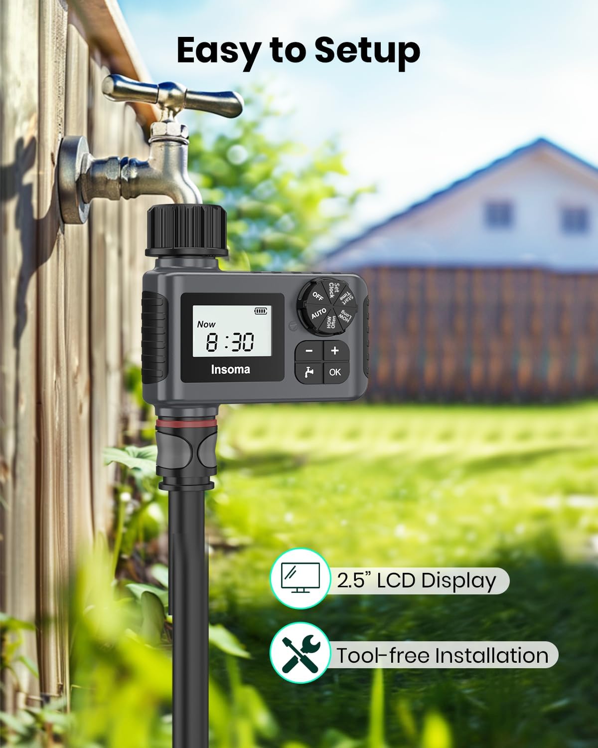 Water Timer with Brass Inlet, 2 Independent Zones Outdoor Hose Timer for Garden Faucet with Auto/Manual/Rain Delay Mode, Sprinkler Irrigation Controller for Yard Lawn