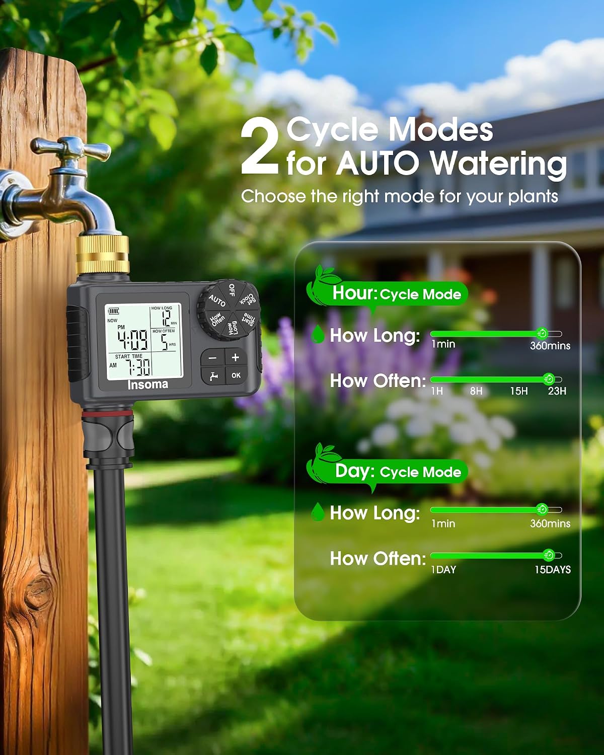 Water Timer with Brass Inlet, 2 Independent Zones Outdoor Hose Timer for Garden Faucet with Auto/Manual/Rain Delay Mode, Sprinkler Irrigation Controller for Yard Lawn