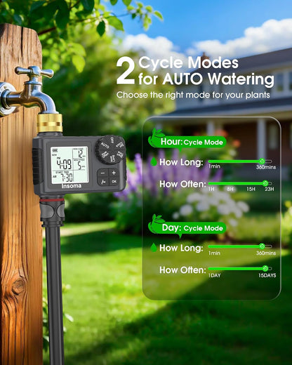 Water Timer with Brass Inlet, 2 Independent Zones Outdoor Hose Timer for Garden Faucet with Auto/Manual/Rain Delay Mode, Sprinkler Irrigation Controller for Yard Lawn