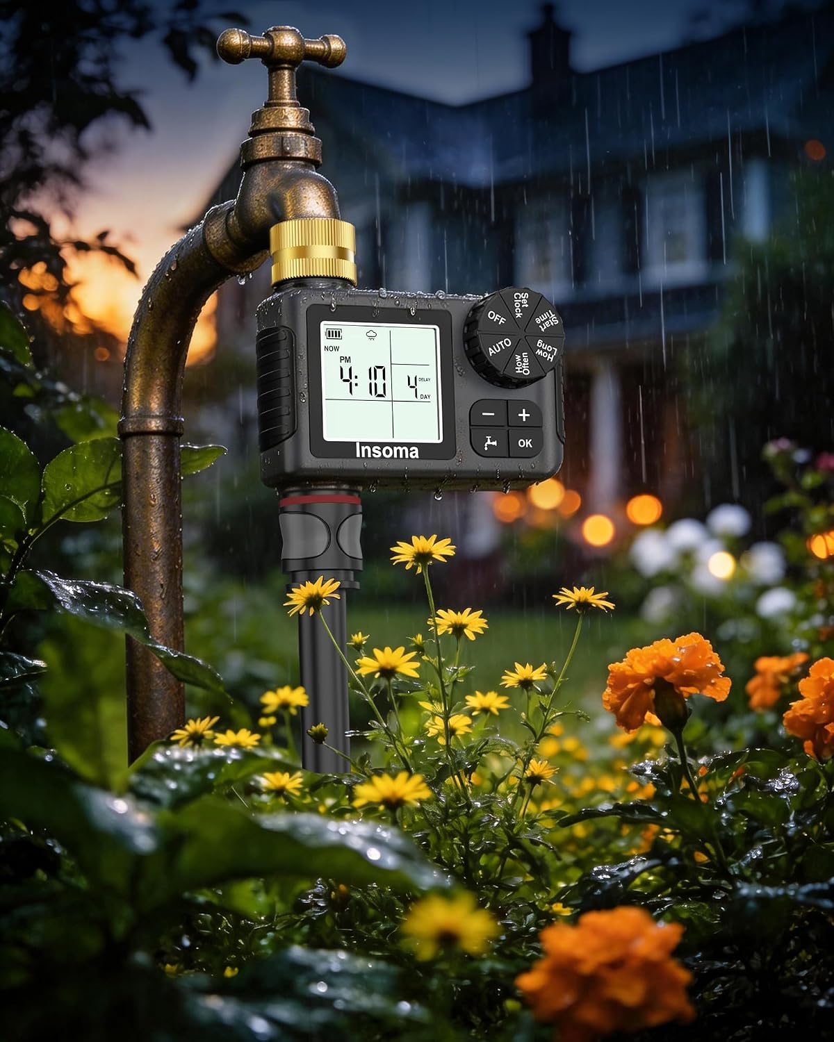Water Timer with Brass Inlet, 2 Independent Zones Outdoor Hose Timer for Garden Faucet with Auto/Manual/Rain Delay Mode, Sprinkler Irrigation Controller for Yard Lawn