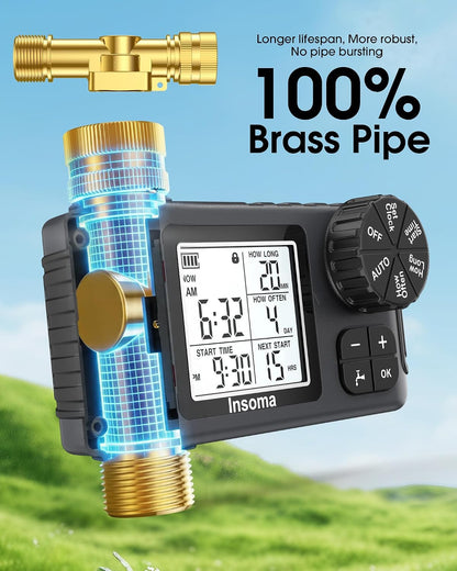 Water Timer with Brass Inlet, 2 Independent Zones Outdoor Hose Timer for Garden Faucet with Auto/Manual/Rain Delay Mode, Sprinkler Irrigation Controller for Yard Lawn