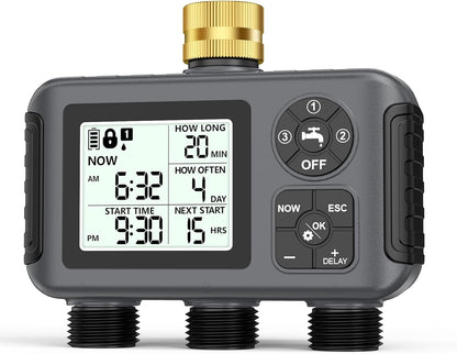 Water Timer with Brass Inlet, 2 Independent Zones Outdoor Hose Timer for Garden Faucet with Auto/Manual/Rain Delay Mode, Sprinkler Irrigation Controller for Yard Lawn