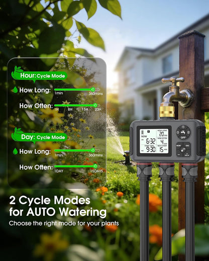 Water Timer with Brass Inlet, 2 Independent Zones Outdoor Hose Timer for Garden Faucet with Auto/Manual/Rain Delay Mode, Sprinkler Irrigation Controller for Yard Lawn