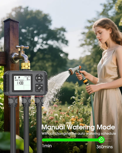 Water Timer with Brass Inlet, 2 Independent Zones Outdoor Hose Timer for Garden Faucet with Auto/Manual/Rain Delay Mode, Sprinkler Irrigation Controller for Yard Lawn