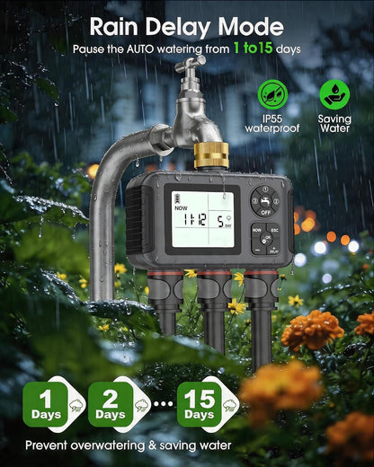 Water Timer with Brass Inlet, 2 Independent Zones Outdoor Hose Timer for Garden Faucet with Auto/Manual/Rain Delay Mode, Sprinkler Irrigation Controller for Yard Lawn