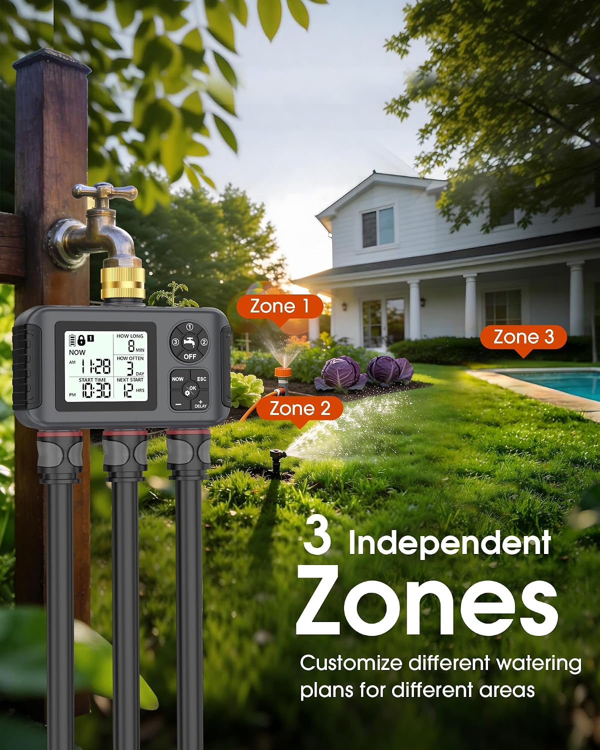 Water Timer with Brass Inlet, 2 Independent Zones Outdoor Hose Timer for Garden Faucet with Auto/Manual/Rain Delay Mode, Sprinkler Irrigation Controller for Yard Lawn
