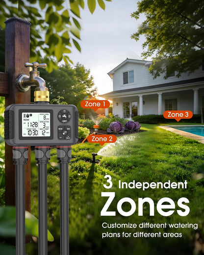 Water Timer with Brass Inlet, 2 Independent Zones Outdoor Hose Timer for Garden Faucet with Auto/Manual/Rain Delay Mode, Sprinkler Irrigation Controller for Yard Lawn