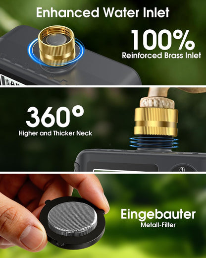 Water Timer with Brass Inlet, 2 Independent Zones Outdoor Hose Timer for Garden Faucet with Auto/Manual/Rain Delay Mode, Sprinkler Irrigation Controller for Yard Lawn