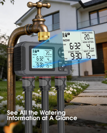 Water Timer with Brass Inlet, 2 Independent Zones Outdoor Hose Timer for Garden Faucet with Auto/Manual/Rain Delay Mode, Sprinkler Irrigation Controller for Yard Lawn
